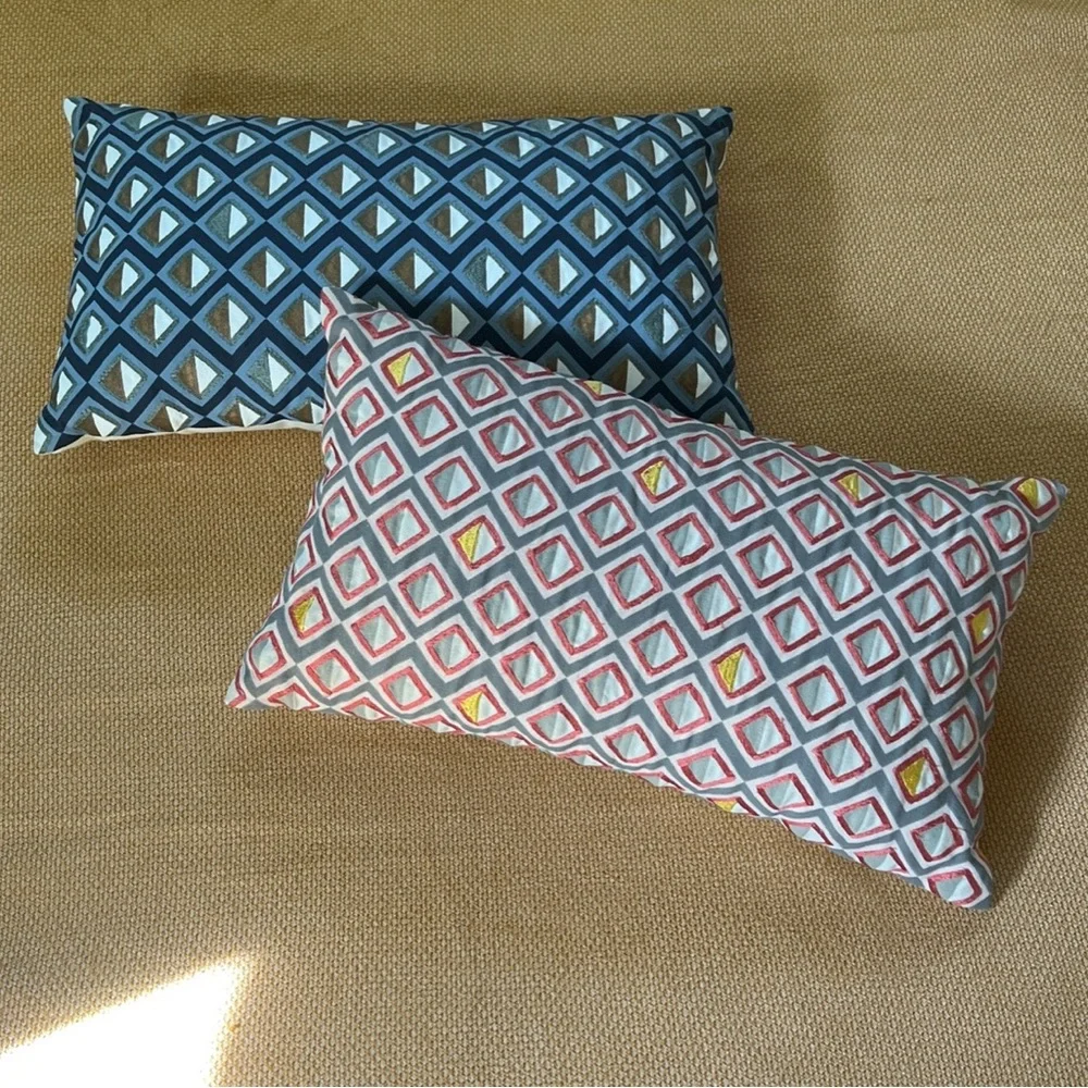 West Elm Navy and Blush Diamond Embroidered Lumbar Pillows